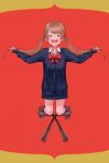  1girl bangs black_sweater bow bowtie brown_hair closed_eyes collared_shirt full_body hands_up highres long_hair open_mouth original red_background red_bow red_neckwear shirt sleeves_past_wrists smile solo standing sweater twintails white_shirt yoshi_mi_yoshi 