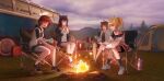 4girls :o absurdres animal_ear_fluff animal_ears arknights bangs bare_shoulders black_hair black_shirt blonde_hair blush brown_eyes brown_footwear brown_hair brown_shirt campfire camping camping_chair chair clouds commentary_request cooking croissant_(arknights) cup eating exusiai_(arknights) eyebrows_behind_hair eyebrows_visible_through_hair fang fire firewood food forest full_body grass grey_shirt hair_between_eyes halo highres holding jacket leg_warmers long_hair long_sleeves looking_at_another looking_down mountain multiple_girls nature off-shoulder_shirt off_shoulder on_chair open_mouth outdoors parted_lips penguin_logistics_(arknights) portable_stove pot red_eyes red_footwear redhead shirt shoes short_hair shorts signature sitting sky smile sora_(arknights) sweatdrop tagme tent texas_(arknights) white_footwear white_jacket white_legwear wolf_ears xilin yellow_eyes