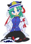  1girl black_skirt blouse blue_eyes blue_vest bow breasts frilled_hat frills green_eyes green_hair hat highres long_sleeves medium_breasts medium_skirt op_na_yarou ribbon sash shiki_eiki short_hair skirt touhou vest white_blouse wide_sleeves 