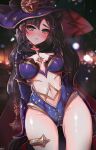  1girl blush breasts cape choker clothing_cutout genshin_impact gmg green_eyes hair_ornament half-closed_eyes hat highres leotard long_hair mona_megistus navel navel_cutout purple_hair witch_hat zipper_pull_tab 