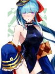  1girl arethusa_(azur_lane) azur_lane bare_shoulders black_swimsuit blue_hair blue_jacket breasts chasemuri hat highleg highleg_swimsuit highres jacket long_hair looking_at_viewer medium_breasts mini_hat one-piece_swimsuit open_clothes open_jacket simple_background solo swimsuit very_long_hair violet_eyes white_background 