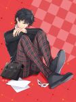  1boy amamiya_ren bag bangs black_hair black_jacket blue_eyes closed_mouth crossed_arms full_body hair_between_eyes haruka_(5885352) highres jacket long_sleeves looking_at_viewer mask mask_removed pants persona persona_5 plaid plaid_pants red_background school_uniform shiny shiny_hair short_hair sitting smile 