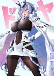  1girl ;d absurdres animal_ears armpit_crease azur_lane bangs black_legwear blue_background blue_eyes blue_hair bodystocking breasts cape chin_stroking coat coat_on_shoulders commentary_request covered_navel cowboy_shot dress elbow_gloves eyebrows_visible_through_hair gloves hair_between_eyes hair_intakes hand_on_hip headgear highres large_breasts long_hair new_jersey_(azur_lane) one_eye_closed open_mouth pantyhose partial_commentary rabbit_ears side_cutout sidelocks smile smug solo sound_effects sparkle standing thighband_pantyhose ura_tomoya vambraces very_long_hair white_cape white_dress white_gloves 