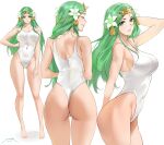 1girl ass back bangs bare_shoulders blush breasts circlet closed_eyes collarbone covered_navel fire_emblem fire_emblem:_three_houses flower full_body green_eyes green_hair hair_flower hair_ornament highleg highleg_swimsuit highres large_breasts long_hair looking_at_viewer multiple_views one-piece_swimsuit parted_bangs rhea_(fire_emblem) sendrawz simple_background smile swimsuit thighs white_swimsuit 