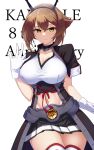  1girl black_coat breasts brown_hair carmine_(ucdio) coat cowboy_shot flipped_hair gloves green_eyes hairband headgear highres kantai_collection large_breasts midriff miniskirt mutsu_(kancolle) navel pleated_skirt radio_antenna red_legwear remodel_(kantai_collection) short_hair skirt sleeveless_coat solo standing white_gloves 