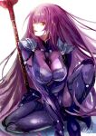  1girl armor artist_name bangs bodysuit breasts fate/grand_order fate_(series) gae_bolg_(fate) hair_between_eyes highres large_breasts lips long_hair nkyoku open_mouth pink_lips polearm purple_bodysuit red_eyes scathach_(fate) scathach_(fate)_(all) shoulder_armor simple_background smile solo spear teeth very_long_hair weapon white_background 