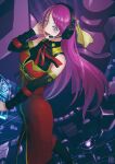  1girl black_sleeves breasts detached_sleeves dress glowing glowing_eye gundam headset holographic_monitor ichika_(quaternionxxx) long_hair mecha medium_breasts mobile_suit one-eyed purple_hair red_dress science_fiction smile solo very_long_hair violet_eyes zelinda_koch zeon 