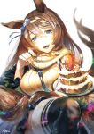  1girl :d animal_ears bangs black_skirt blue_bow blue_eyes bow braid breasts brown_hair cake carrot chocolate_cake eyebrows_visible_through_hair food fork hair_between_eyes hair_bow happy_birthday holding holding_fork horse_ears horse_girl horse_tail icing large_breasts light_particles long_hair looking_at_viewer miniskirt multicolored_hair nkyoku no_nose open_mouth plate pleated_skirt ribbed_sweater simple_background skirt smile super_creek_(umamusume) sweater tail tareme teeth thigh-highs turtleneck turtleneck_sweater two-tone_hair umamusume very_long_hair white_background white_hair white_sweater zettai_ryouiki 