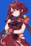  1girl bangs black_gloves breasts chest_jewel crossed_legs earrings fingerless_gloves gloves highres jewelry large_breasts pyra_(xenoblade) red_eyes red_legwear red_shorts redhead short_hair short_shorts shorts swept_bangs thigh-highs thupoppo tiara xenoblade_chronicles_(series) xenoblade_chronicles_2 