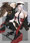  1girl arm_support azur_lane bald_eagle bangs bare_shoulders belt bird black_belt black_coat black_footwear black_legwear black_neckwear black_skirt boots breasts character_name coat collared_shirt commentary_request commission eagle enterprise_(azur_lane) eyebrows_visible_through_hair full_body gold_trim hair_between_eyes hand_up hat highres knee_boots knee_up large_breasts long_hair long_sleeves looking_at_viewer military_hat miniskirt necktie off_shoulder open_clothes open_coat oshida_bob parted_lips partial_commentary peaked_cap pixiv_request pleated_skirt profile rudder_footwear shirt sidelocks signature silver_hair simple_background skirt sleeveless sleeveless_shirt smile solo_focus standing thigh-highs underbust very_long_hair violet_eyes white_headwear white_shirt zettai_ryouiki 