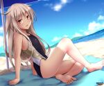  1girl alternate_costume arm_support bare_arms bare_legs bare_shoulders barefoot beach beach_towel beach_umbrella black_swimsuit blonde_hair blue_sky brown_eyes clouds commentary_request commission competition_swimsuit dated day feet horizon kantai_collection kikuzuki_(kancolle) long_hair looking_at_viewer ocean one-piece_swimsuit open_mouth outdoors sand sitting skeb_commission sky soles solo swimsuit towel tsuchimiya umbrella water 