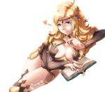  1girl ahoge bangs blonde_hair blue_eyes bodystocking book breasts bridal_gauntlets circlet closed_mouth conope fire_emblem fire_emblem_fates looking_at_viewer lying medium_breasts ophelia_(fire_emblem) smile thigh-highs 