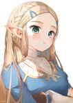  1girl blonde_hair blue_shirt blush braid crossed_arms face green_eyes hair_ornament hairpin highres long_hair long_sleeves looking_at_viewer parted_lips pointy_ears princess_zelda ryota_(ry_o_ta) shirt signature solo the_legend_of_zelda upper_body 