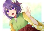  1girl :d eyebrows_visible_through_hair floral_print flower hair_flower hair_ornament hieda_no_akyuu highres japanese_clothes kaede_(mmkeyy) kimono long_sleeves looking_at_viewer open_mouth purple_hair short_hair simple_background smile solo touhou violet_eyes 