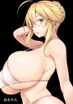  1girl absurdres ahoge arms_behind_head artoria_pendragon_(all) artoria_pendragon_(lancer)_(fate) bikini bikini_top black_background blonde_hair blush breasts colored_eyelashes diisuke fate/grand_order fate_(series) from_side green_eyes hair_between_eyes highres huge_breasts looking_at_viewer looking_to_the_side mature_female open_mouth shiny shiny_hair short_hair sidelocks simple_background solo strap_gap swimsuit upper_body 
