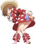  1girl boku_no_hero_academia brown_eyes brown_hair closed_mouth dress from_below gun hat highres komori_kinoko licking_lips looking_at_viewer looking_back mushroom red_dress short_hair simple_background sincos solo tongue tongue_out weapon white_background 