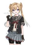  1girl abukuma_(kancolle) bike_shorts black_gloves black_jacket blonde_hair blue_eyes commentary_request cowboy_shot double_bun gloves grey_sailor_collar grey_skirt hair_between_eyes hair_rings highres jacket kamisuiori kantai_collection long_hair looking_at_viewer neck_ribbon partially_fingerless_gloves pleated_skirt red_ribbon remodel_(kantai_collection) ribbon sailor_collar school_uniform serafuku short_sleeves shorts shorts_under_skirt simple_background skirt solo standing white_background 