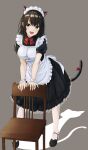  1girl absurdres animal_ears anno_masato apron black_footwear black_hair bow bowtie breasts cat_ears cat_tail chair commentary_request green_eyes highres large_breasts looking_at_viewer maid maid_apron maid_day maid_headdress open_mouth original red_neckwear scrunchie shadow tail tail_bow tail_ornament white_legwear wrist_scrunchie 