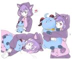 1girl alternate_costume bell_collar blush fake_animal_ears frown ganyu_(genshin_impact) genshin_impact heart hoodie horns hug keqing_(genshin_impact) looking_at_viewer negom plush purple_eyes purple_hair sleeping solo_focus stuffed_animal white_background