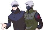  2boys black_blindfold black_headband black_jacket blindfold covered_eyes crossover flak_jacket forehead_protector gojou_satoru hand_on_another&#039;s_shoulder hatake_kakashi headband high_collar jacket jujutsu_kaisen long_sleeves looking_at_another male_focus mask multiple_boys naruto naruto_(series) one_eye_covered open_mouth short_hair simple_background sketch smile spiky_hair upper_body white_background white_hair yarr 