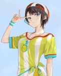  1girl bangs baseball_cap blue_background blue_eyes brown_hair collarbone demo_(playingdemo) hair_behind_ear hat highres hololive jersey looking_at_viewer looking_to_the_side oozora_subaru shirt short_hair shorts solo striped striped_shirt tied_shirt v virtual_youtuber white_shorts wristband 