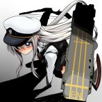  1girl azur_lane blue_eyes bow_(weapon) bright_pupils compound_bow hat imagawa_akira landing little_enterprise_(azur_lane) long_hair looking_at_viewer military_hat one_knee overall_skirt peaked_cap silver_hair solo superhero_landing weapon younger 