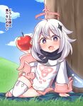  black_scarf blush boots bright_pupils cape dress food food_on_face genshin_impact grey_eyes halo looking_at_viewer open_mouth paimon_(genshin_impact) scarf single_thighhigh sitting thigh-highs thighhighs_under_boots white_dress white_hair yakisobapan_tarou_&amp;_negitoro-ko 