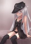  1girl arm_support babydoll bare_arms bare_shoulders black_headwear black_legwear black_panties blue_eyes blush breasts collarbone commentary_request flat_cap hair_between_eyes hat hibiki_(kancolle) highres kantai_collection kuuru_(kuuru-n) lace lace-trimmed_panties lace_trim lingerie long_hair looking_at_viewer navel panties silver_hair sitting small_breasts solo thigh-highs underwear 