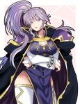  1girl armor bangs black_cape bracelet cape crossed_arms elbow_gloves eyebrows_behind_hair fire_emblem fire_emblem:_genealogy_of_the_holy_war gloves hair_behind_ear head_tilt ishtar_(fire_emblem) jewelry long_hair looking_at_viewer pauldrons pelvic_curtain ponytail purple_hair rem_sora410 shoulder_armor solo thigh-highs tied_hair violet_eyes white_gloves 