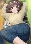  1girl absurdres akiyama_yukari alternate_costume ass bangs blue_pants blush brown_eyes brown_hair casual chips couch denim eyewear_on_head food girls_und_panzer highres jeans lounging lying messy_hair pants shiina_excel solo sweater 