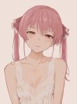  1girl bangs beige_background blush collarbone demo_(playingdemo) dress eyebrows_behind_hair hair_between_eyes head_tilt heterochromia highres hololive houshou_marine lingerie negligee parted_lips red_eyes redhead solo twintails underwear upper_body virtual_youtuber white_dress yellow_eyes 