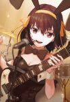  1girl absurdres animal_ears bob_cut bow bowtie brown_eyes brown_hair commentary_request cymbals detached_collar drum drum_set electric_guitar guitar hairband highres huge_filesize instrument medium_hair playboy_bunny rabbit_ears short_hair shouyou solo suzumiya_haruhi suzumiya_haruhi_no_yuuutsu wrist_cuffs yellow_hairband 