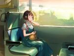  1girl aqua_dress bag bangs blush brown_hair camera closed_eyes commentary_request dress eyebrows_visible_through_hair hand_on_own_cheek hand_on_own_face head_rest highres holding holding_camera original rokcha shirt short_hair short_sleeves sitting sleeping solo train_interior twitter_username white_shirt 