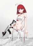 1girl absurdres anming armlet artist_name bandeau bangs bare_arms bare_shoulders black_choker black_panties breasts choker collarbone earrings grey_background gun halo highres holding holding_gun holding_weapon jewelry looking_at_viewer navel original panties pants parted_lips redhead see-through short_hair simple_background small_breasts smile solo stomach strapless trigger_discipline underwear v violet_eyes weapon white_pants 