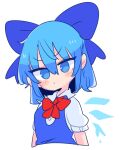  blouse blue_dress blue_eyes blue_hair blue_ribbon bow cirno dress dress_shirt fairy_wings hair_bow highres ice ice_wings op_na_yarou pinafore_dress puffy_short_sleeves puffy_sleeves red_bow red_ribbon ribbon shirt short_hair short_sleeves touhou white_blouse white_shirt wing_collar wings 