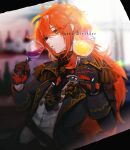  1boy alcohol bangs birthday black_jacket blurry blurry_background bottle closed_mouth cup diluc_ragnvindr drinking_glass genshin_impact gloves hair_between_eyes happy_birthday highres holding holding_cup jacket long_hair long_sleeves male_focus ponytail red_eyes redhead ruohire9 solo wine_bottle wine_glass 