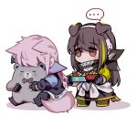  ... 2girls absurdres animal_ears armband black_gloves bowl brown_eyes brown_hair chibi dog_ears dog_girl dog_tail girls_frontline gloves green_hair headphones highres holding holding_bowl jacket long_hair long_sleeves m4a1_(girls_frontline) multicolored_hair multiple_girls object_hug pet_bowl pink_hair scarf simple_background sitting spoken_ellipsis st_ar-15_(girls_frontline) standing streaked_hair stuffed_animal stuffed_toy tail white_background yuutama2804 