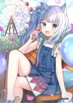  1girl :d amusement_park animal_ears balloon bangs bench blue_eyes blue_hair blue_nails blunt_bangs blush cat_ears crepe day eyebrows_visible_through_hair ferris_wheel fish_tail food gawr_gura hair_ornament highres hololive looking_at_viewer lydia601304 multicolored_hair open_mouth outdoors sandals shark_girl shark_tail sharp_teeth side_ponytail silver_hair sitting smile solo streaked_hair tail teeth virtual_youtuber white_hair 
