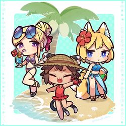  3girls :3 :d animal animal_ear_fluff animal_ears beach blonde_hair blue_eyes blush bright_pupils brown_hair cat_ears cat_tail chen chibi closed_eyes crab drinking earrings eyewear_on_head fang flower fox_ears fox_tail hair_bun hair_flower hair_ornament hibiscus holding holding_animal ibaraki_natou jewelry multiple_girls multiple_tails nekomata no_hat no_headwear open_mouth palm_tree red_flower short_hair smile sunglasses tail touhou tree violet_eyes water yakumo_ran yakumo_yukari 