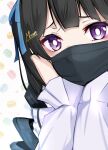  1girl black_hair blue_hair blush bright_pupils close-up diisuke drill_hair gradient_hair hair_ornament hairclip hands_on_own_cheeks hands_on_own_face hands_up heart long_sleeves looking_at_viewer mask mouth_mask multicolored_hair nijisanji solo surgical_mask tsukino_mito twin_drills upper_body white_pupils 