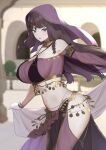  1girl bare_shoulders black_hair breasts brown_hair circlet commentary dancer highres large_breasts light_smile long_hair looking_at_viewer midriff navel open_mouth original remomon0 thick_thighs thighs violet_eyes 