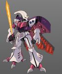  beam_saber clenched_hand dunbine fusion grey_background gundam holding holding_sword holding_weapon insect_wings looking_to_the_side mecha no_humans one-eyed qubeley rabo red_eyes science_fiction seisenshi_dunbine solo sword weapon wings zeta_gundam 