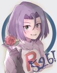  1boy flower green_eyes highres james_(pokemon) kamaberuru pokemon pokemon_(anime) purple_hair rose smile team_rocket 