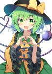  1girl :d bangs black_headwear bow cowboy_shot e.o. eyebrows_visible_through_hair frilled_sleeves frills green_eyes green_hair green_skirt hat hat_bow heart heart_hands heart_of_string highres komeiji_koishi long_sleeves looking_at_viewer open_mouth shirt short_hair simple_background skirt smile solo standing third_eye touhou white_background wide_sleeves yellow_bow yellow_shirt 