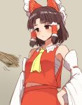 1girl ascot bangs benikurage_(cookie) blush bow breasts brown_background brown_eyes brown_hair closed_mouth commentary_request cookie_(touhou) detached_sleeves eyebrows_visible_through_hair frilled_bow frilled_hair_tubes frills hair_bow hair_tubes hakurei_reimu hand_on_hip implied_prostitution looking_down medium_breasts medium_hair midriff_peek money navel pai_kebon_baa parted_bangs red_bow red_shirt red_skirt ribbon-trimmed_sleeves ribbon_trim sarashi shirt simple_background skirt skirt_set sleeveless sleeveless_shirt solo touhou upper_body white_sleeves yellow_neckwear 