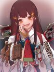  1girl 6+others akagi_(kancolle) bangs brown_eyes brown_gloves brown_hair commentary_request flying_sweatdrops food gloves grin haagen-dazs highres ice_cream_cup japanese_clothes kantai_collection long_hair multiple_others muneate open_mouth partially_fingerless_gloves popsicle ruohire9 single_glove smile solo_focus sparkle straight_hair tasuki teeth tongue upper_body watermelon_bar yugake 