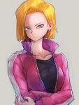  1girl android_18 black_shirt blonde_hair blue_eyes closed_mouth collarbone dragon_ball dragon_ball_super earrings grey_background jacket jewelry kemachiku long_sleeves looking_at_viewer open_clothes open_jacket pink_jacket shirt short_hair simple_background solo upper_body 