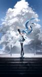  1girl absurdres bare_shoulders blue_hair closed_eyes clouds cloudy_sky detached_sleeves floating_hair hand_up hatsune_miku highres hoojiro kneehighs long_hair necktie shadow skirt sky solo stairs twintails very_long_hair vocaloid 