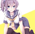  1girl :p all_fours aoba_(kancolle) ascot black_legwear blue_eyes blue_sailor_collar breasts eyebrows_visible_through_hair hair_between_eyes indoors kantai_collection looking_at_viewer medium_breasts messy_hair neckerchief pony ponytail purple_hair sailor_collar school_uniform serafuku shirt short_sleeves shorts solo tamagawa_yukimaru thigh-highs tongue tongue_out twitter_username two-tone_background white_background white_shirt yellow_background yellow_neckwear 