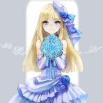  1girl asymmetrical_bangs bangs bare_shoulders blonde_hair blue_dress blue_eyes blue_flower blue_headwear blue_rose blunt_bangs bouquet cowboy_shot dress elbow_gloves eyebrows_visible_through_hair fate_(series) flower gloves grey_background hair_flower hair_ornament hat highres holding layered_dress long_hair looking_at_viewer lord_el-melloi_ii_case_files off-shoulder_dress off_shoulder reines_el-melloi_archisorte rose satou_usuzuku smile solo tilted_headwear white_background 